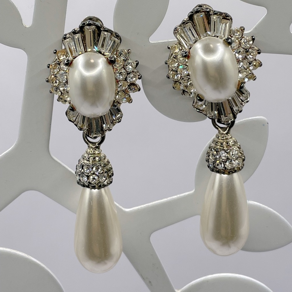 Vintage Rhinestone and Pearl Earrings-Bold Statement!